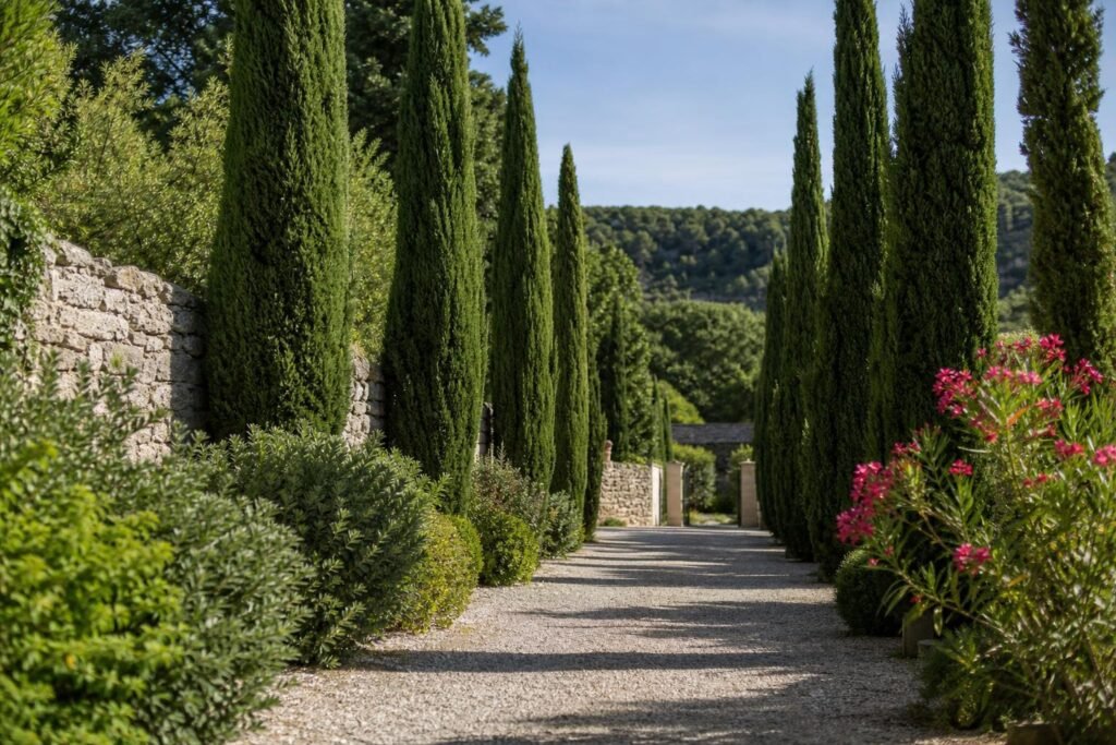 Allée bordée de cyprès de Provence dans un jardin méditerranéen
