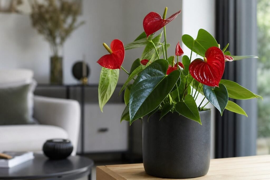 Anthurium à la spathe rouge brillante en pot d'intérieur