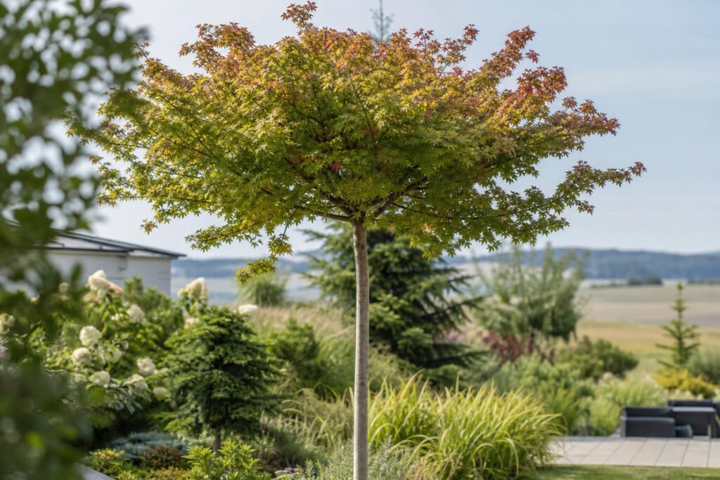 Arbre sur tige haute planté dans un jardin, tronc dégagé et ramure large