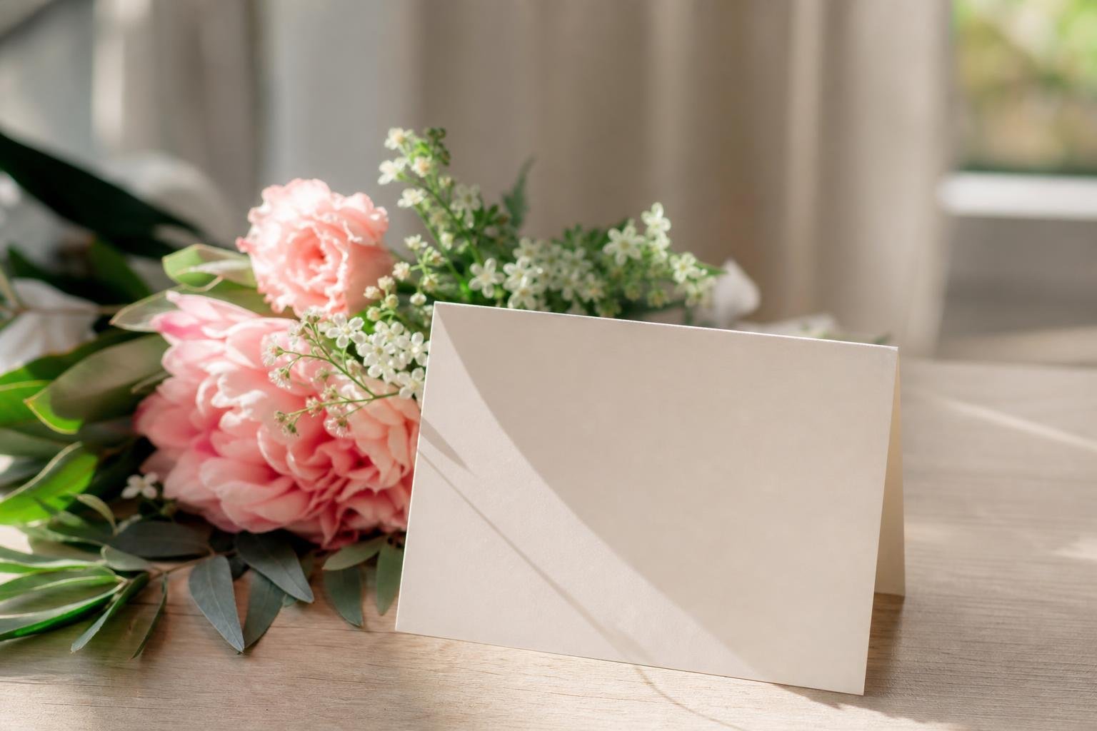 Carte manuscrite posée près de quelques fleurs