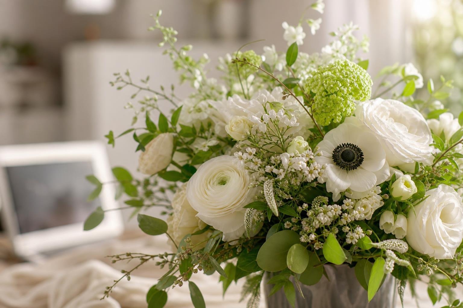 Composition de fleurs blanches et vert tendre, lumière douce