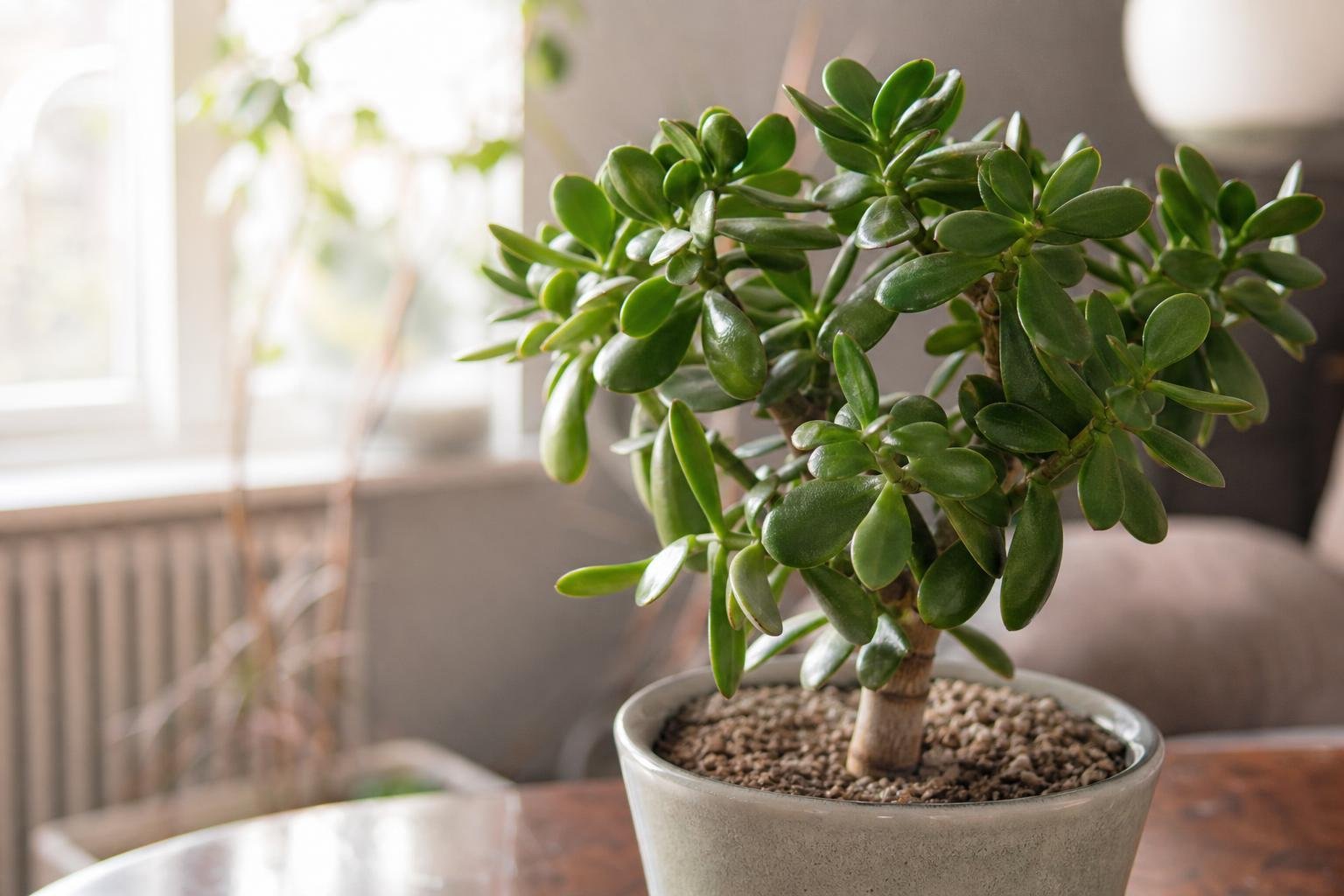 Crassula (arbre de jade) en pot, feuilles charnues vert profond