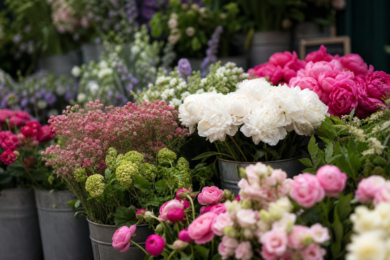 Fleurs à l'unité présentées en seau, marché aux fleurs