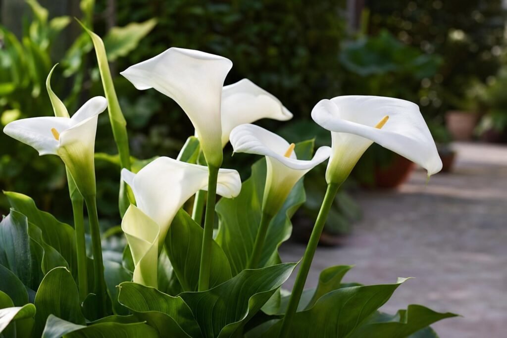 Grandes fleurs blanches d'arum en cornet dans un jardin
