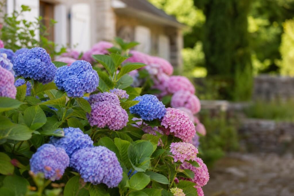 Hortensia en fleurs bleues et roses dans un jardin