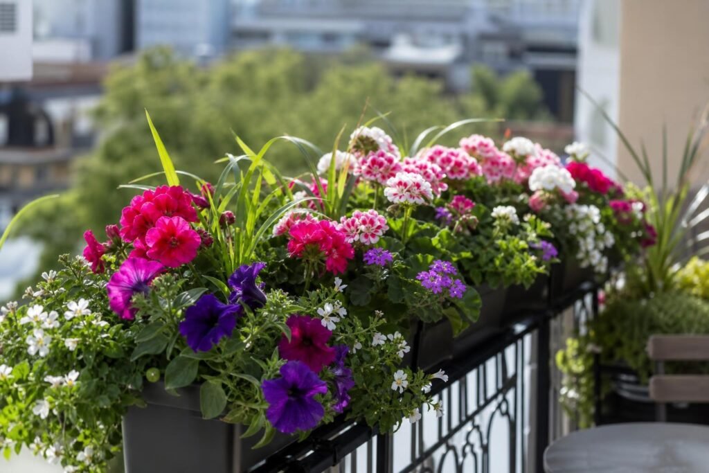 Jardinière de fleurs colorée installée sur un balcon