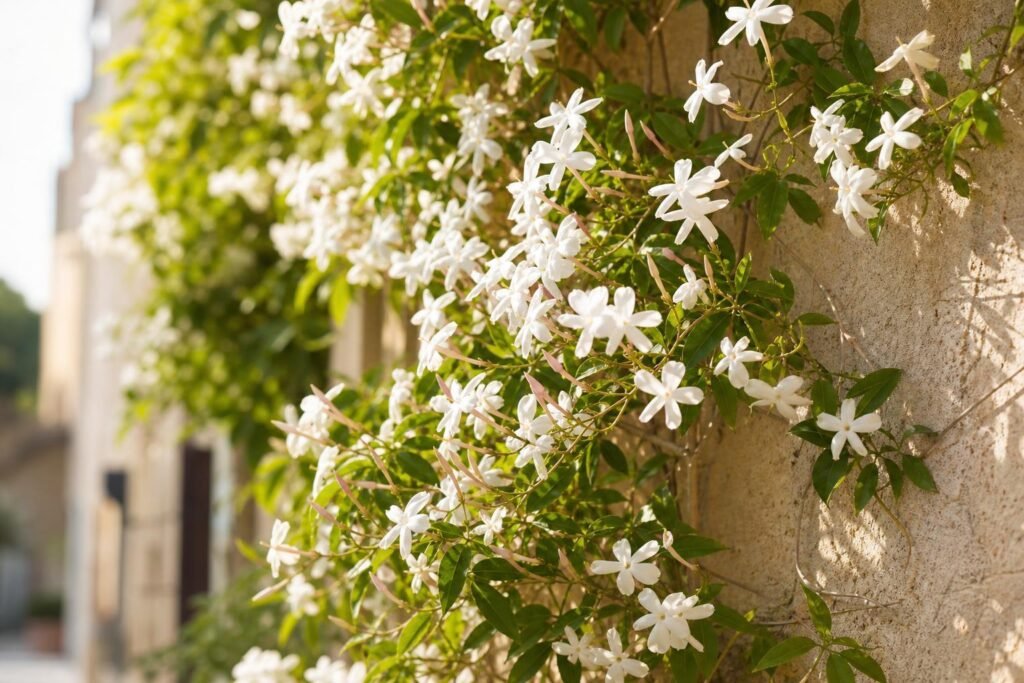 Jasmin étoilé en fleurs blanches étoilées grimpant sur un mur ensoleillé