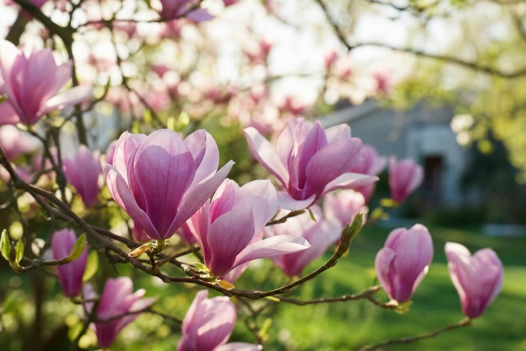 Magnolia en fleurs dans un jardin au printemps