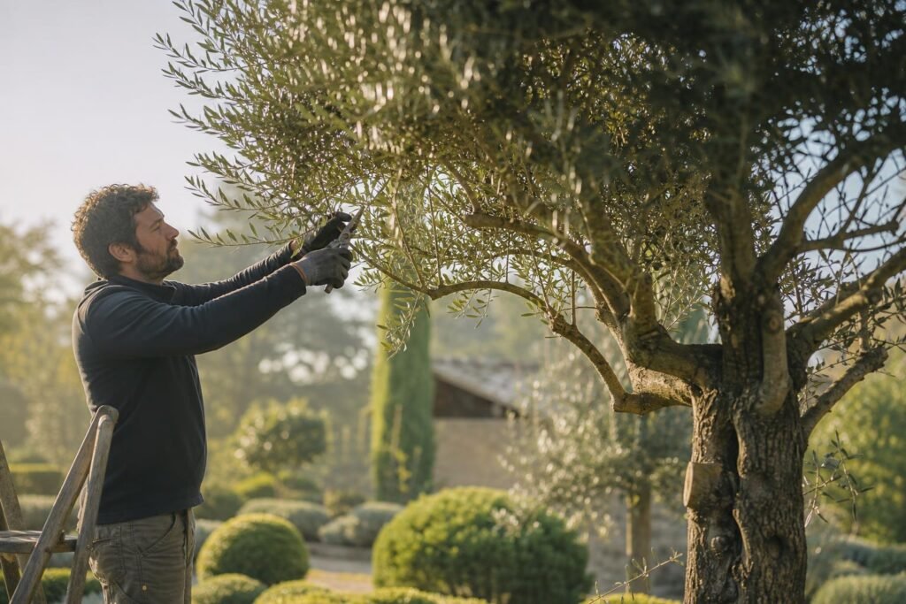 Olivier taillé dans un jardin, branches dégagées sous la lumière du matin