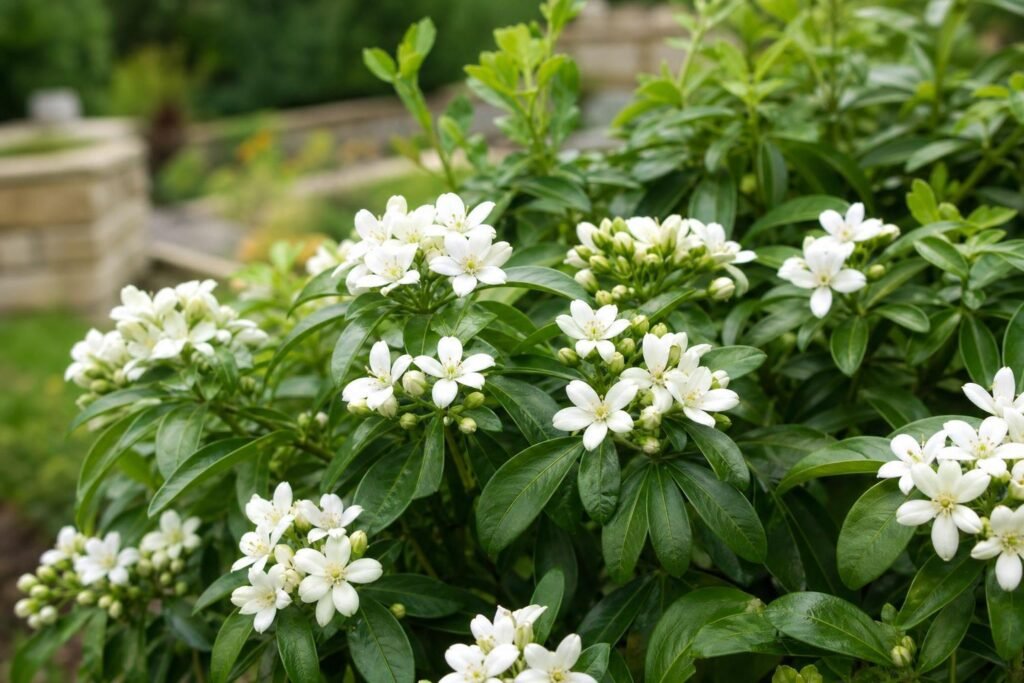 Oranger du Mexique (Choisya ternata) en fleurs blanches dans un jardin
