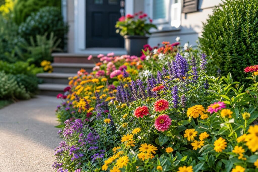 Parterre de fleurs coloré devant l'entrée d'une maison