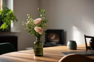 Petit bouquet de fleurs disposé dans une bouteille en guise de vase