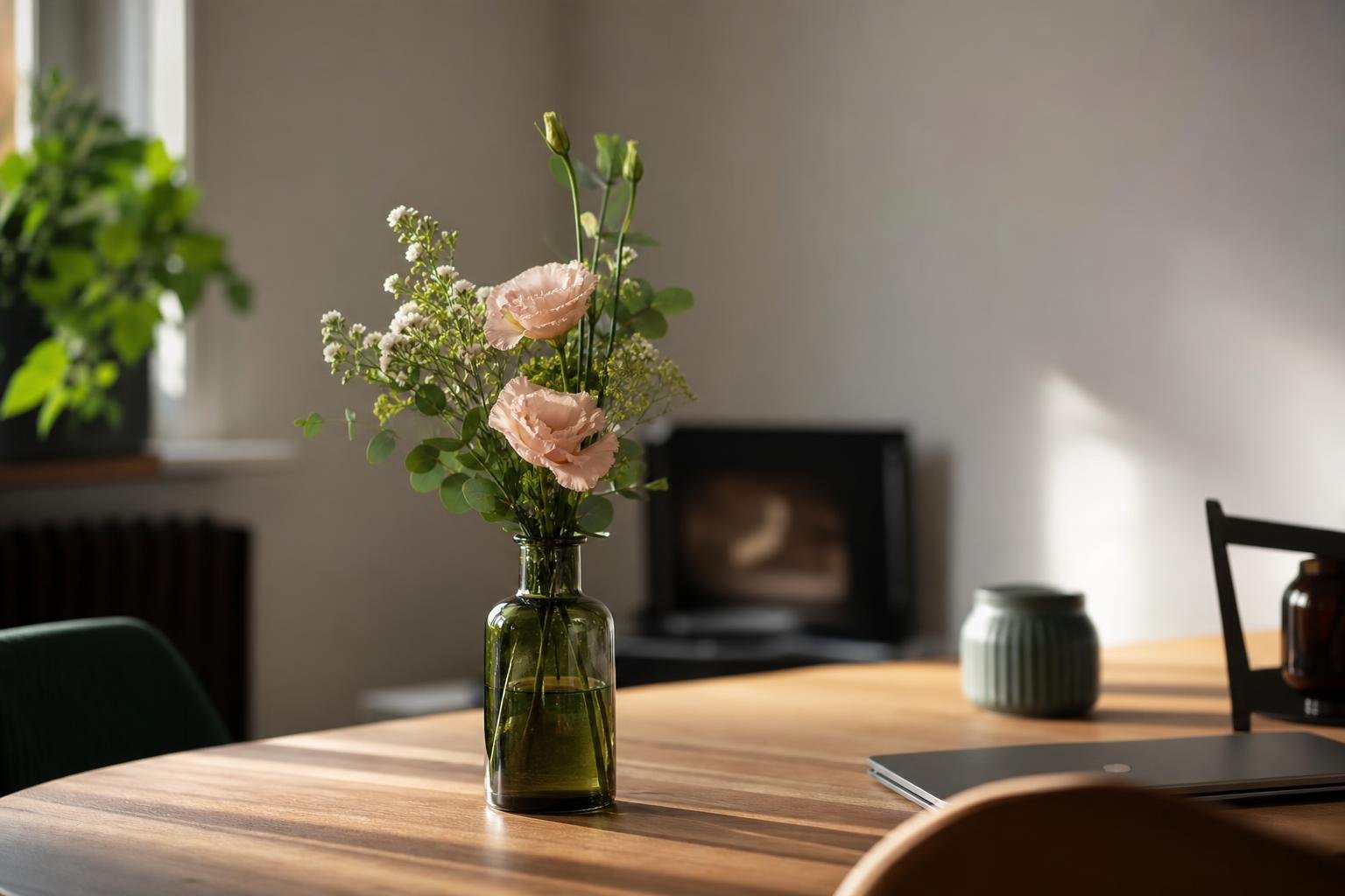 Petit bouquet de fleurs disposé dans une bouteille en guise de vase
