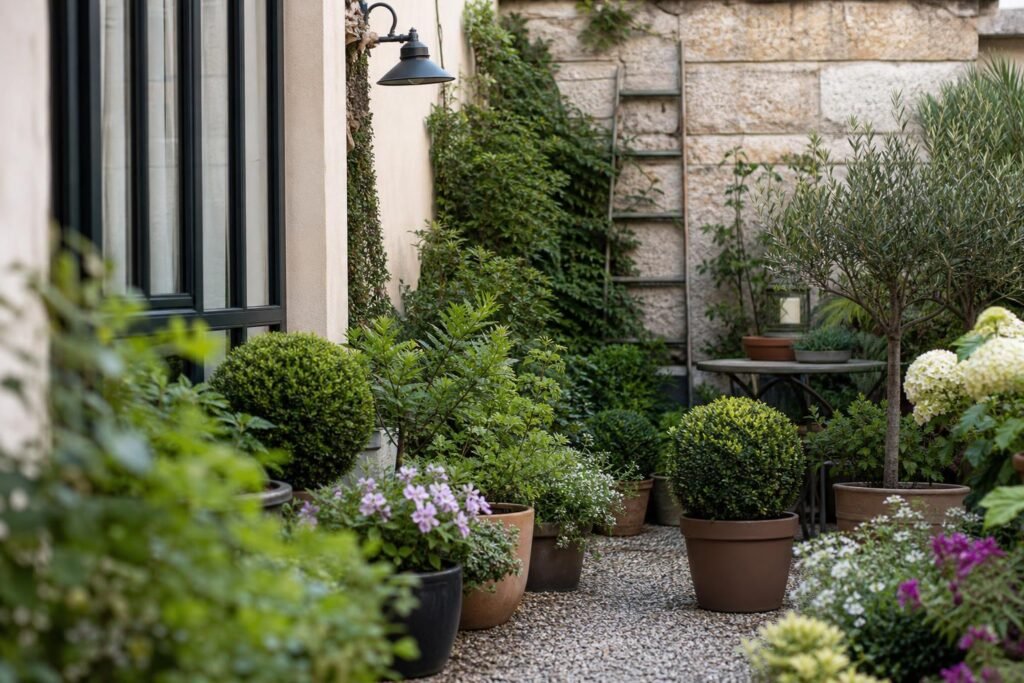 Petit jardin urbain aménagé avec des pots de fleurs et des arbustes compacts