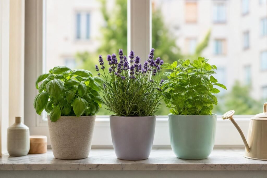 Pots de basilic, lavande et menthe alignés sur un rebord de fenêtre