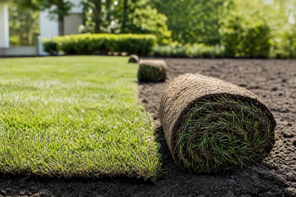 Rouleaux de gazon naturel déroulés sur un sol de jardin préparé