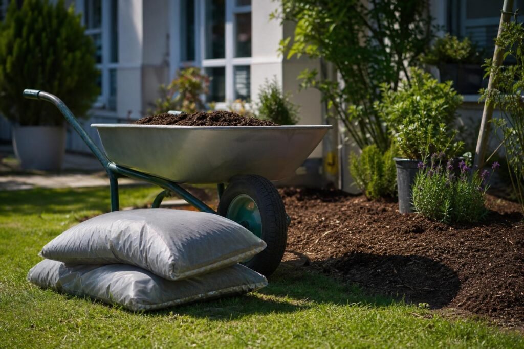 Sacs de terreau et brouette prêts pour un massif de jardin