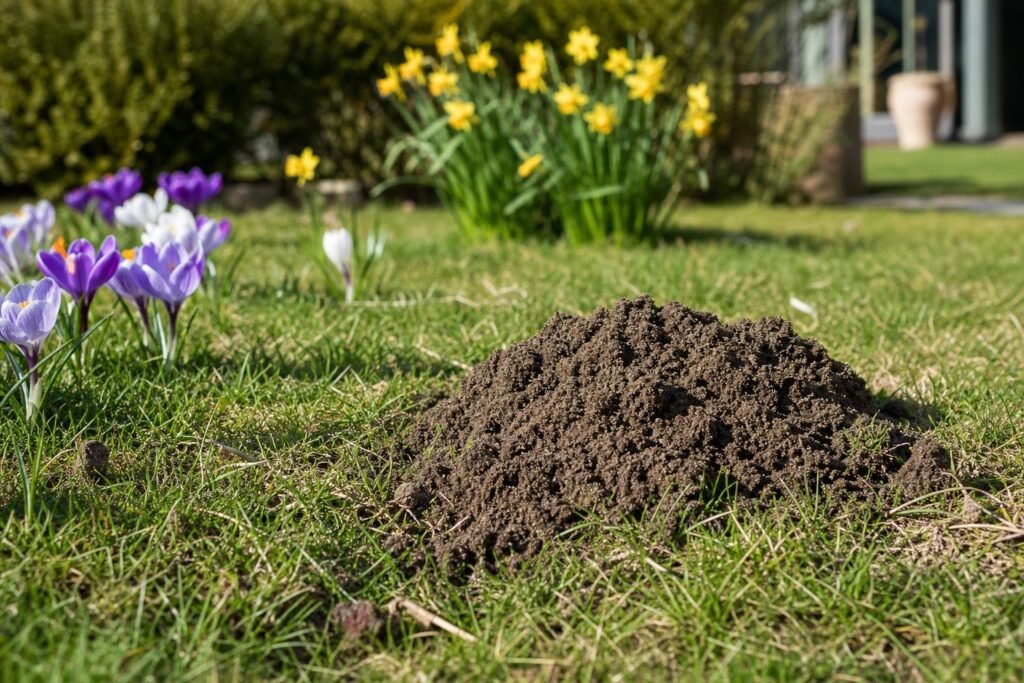 Taupinière fraîche sur une pelouse de jardin entourée de fleurs de printemps