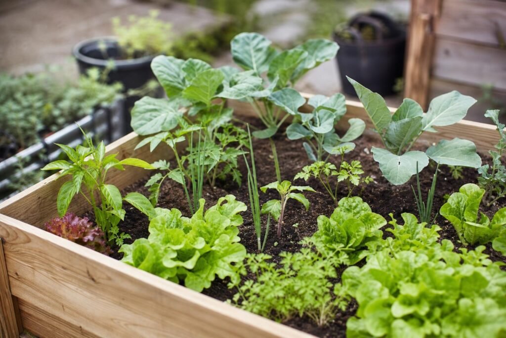 Un carré potager surélevé en bois rempli de jeunes légumes