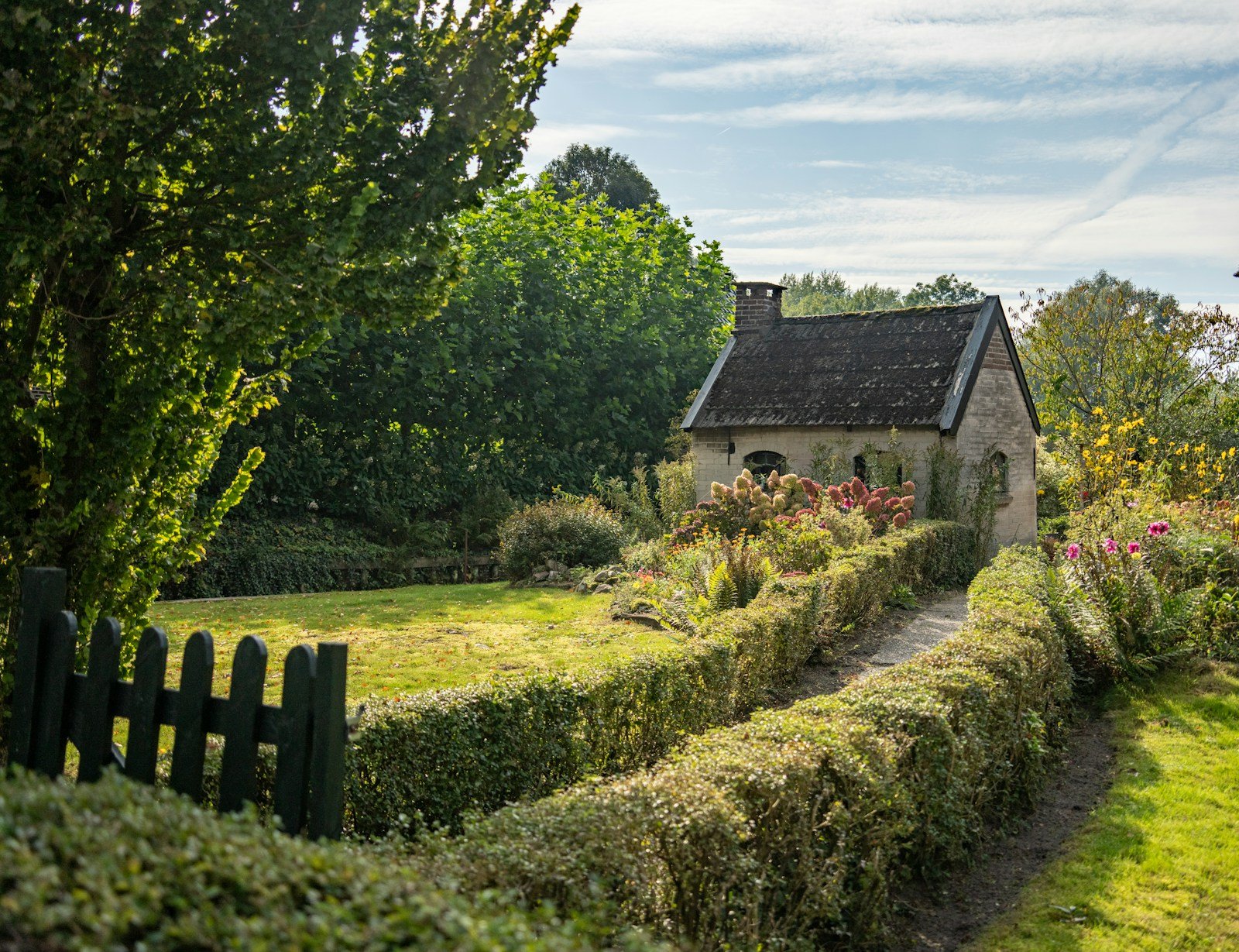 Un jardin à la tombée de la nuit, moment où le blaireau part en quête de nourriture